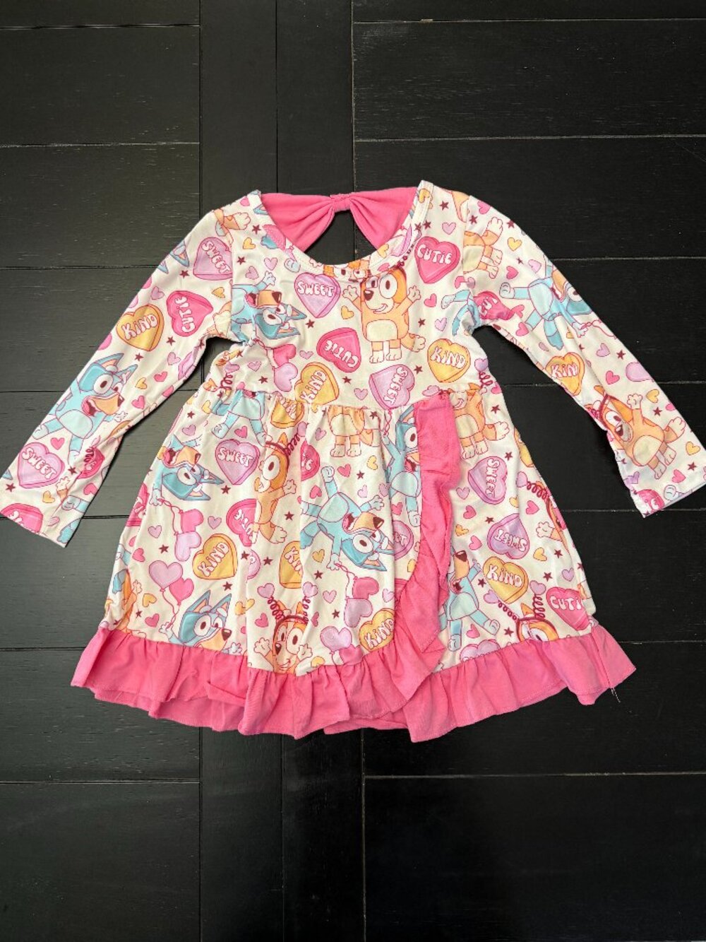 Bluey Bingo Girls Valentine Dress 3T Pink Candy Hearts Bow Ruffle Long Sleeve